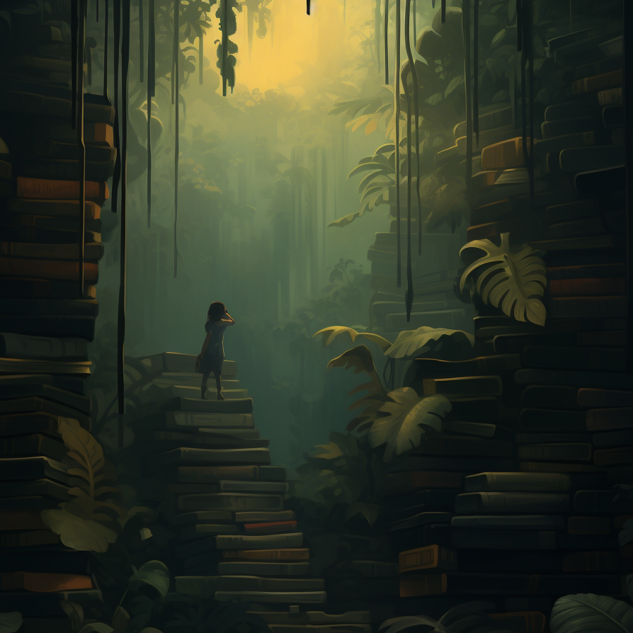 stylised image of a scientist exploring a jungle of stacked lab books