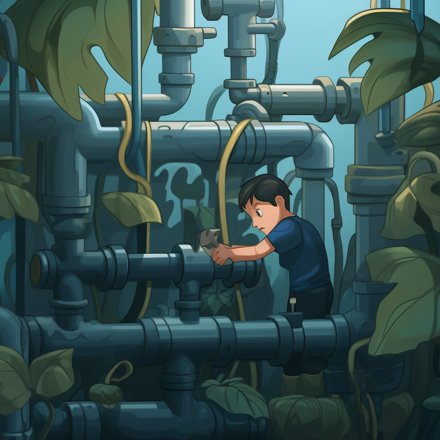 stylised image of an engineer fixing pipes in a jungle